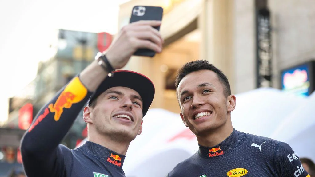 Max Verstappen takes a selfie with Alex Albon while they were Red Bull team-mates in 2019