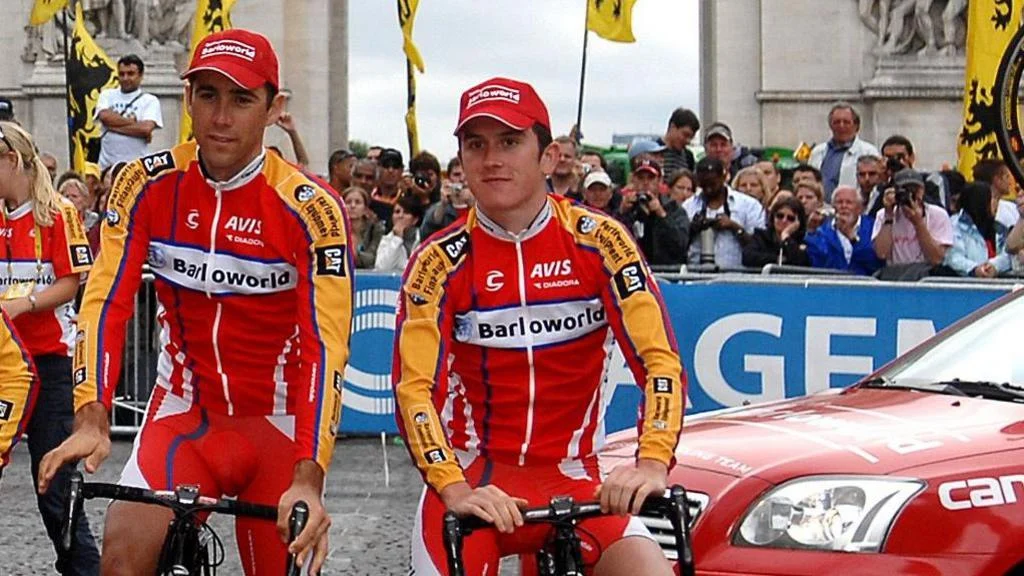 Geraint Thomas (right) sits on his bike, ready to ride his first Tour de France with Barloworld as a 21-year-old in 2007 