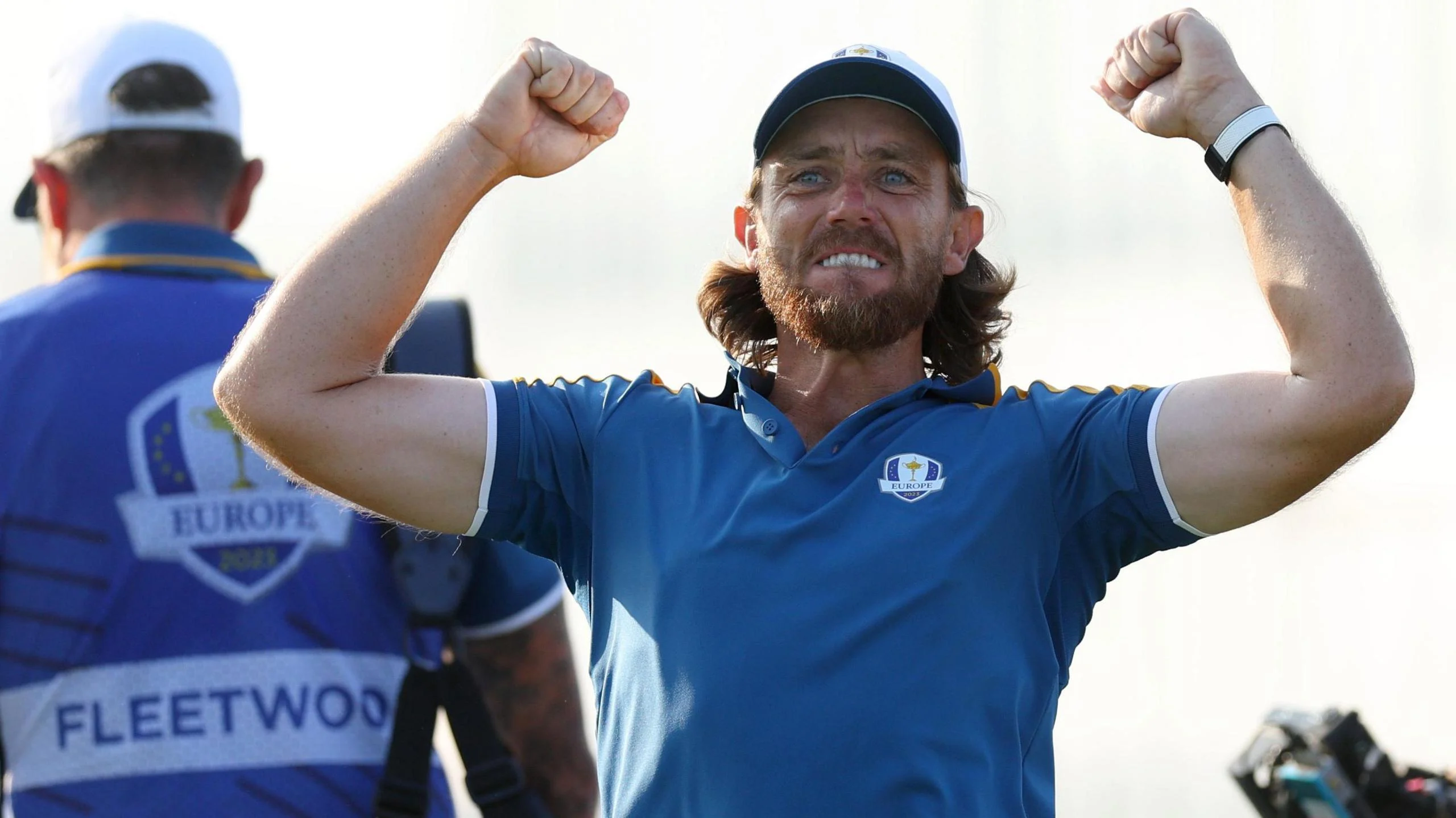 Tommy Fleetwood celebrates after Europe win the Ryder Cup in Rome.
