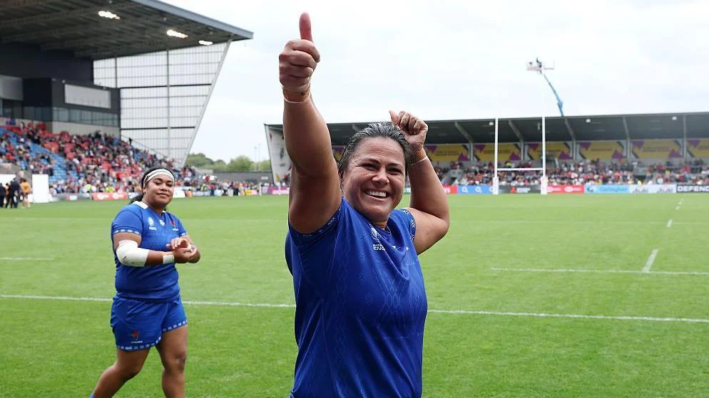 Denise Aiolupotea gives a thumbs up to the crowd after Samoa's loss to Australia