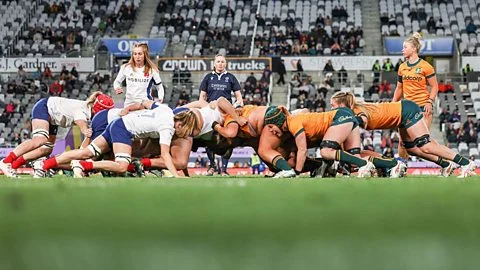 Players from France and Australia contest a scrum