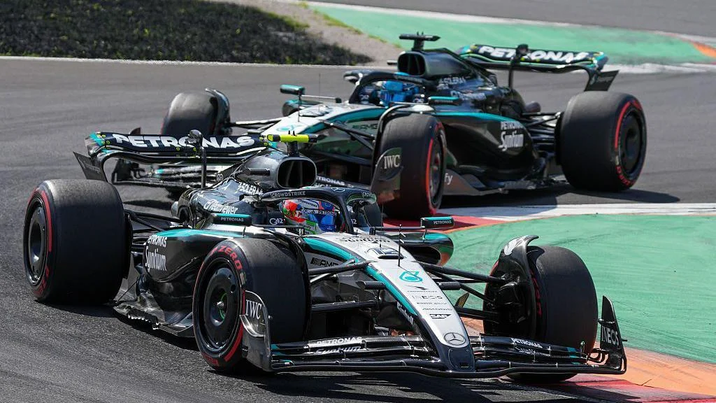 Kimi Antonelli (front) and George Russell during the Italian Grand Prix in September