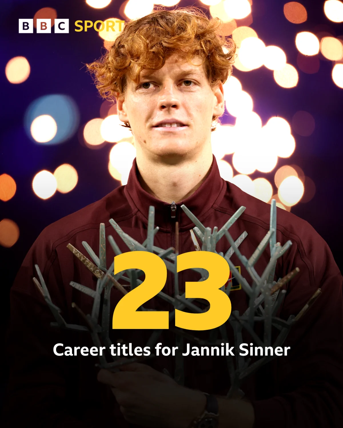 A graphic displaying Jannik Sinner's 23 career titles