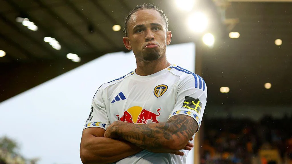 Noah Okafor celebrates a goal for Leeds