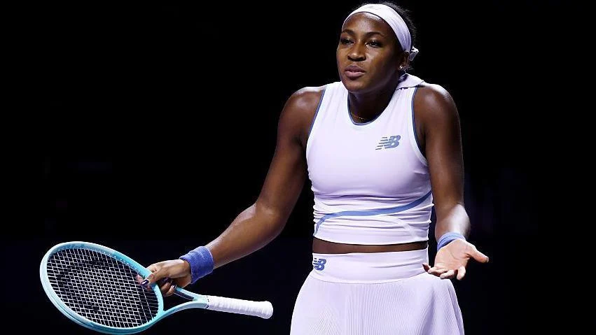 Coco Gauff reacts to a point during her match against Jessica Pegula 